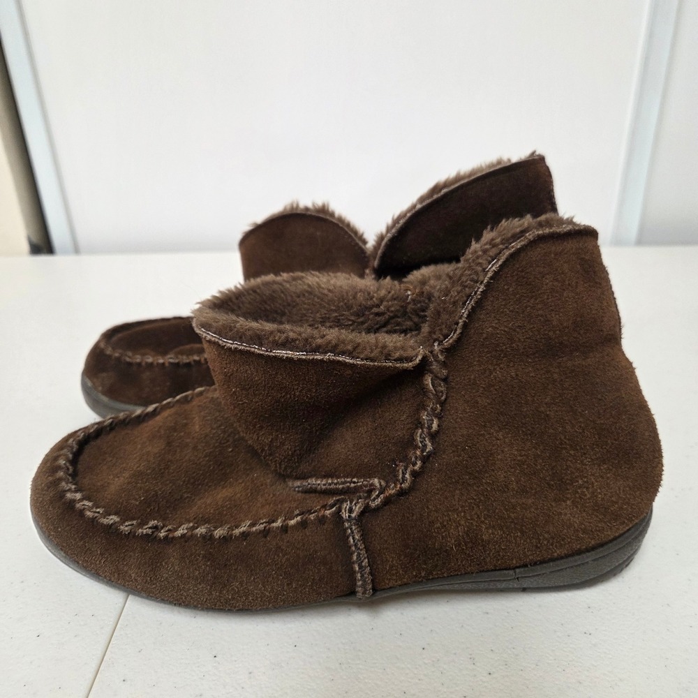 Minnetonka Womens 9 Brown Suede Faux Fur Moccasin Slipper Boots Ankle Bootie